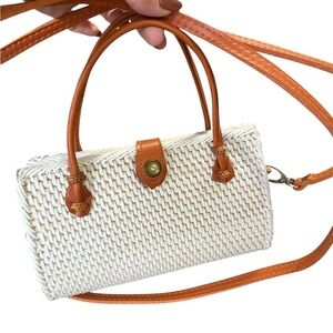 Cute White woven and Tan accent smaller Handbag, Floral lining,
